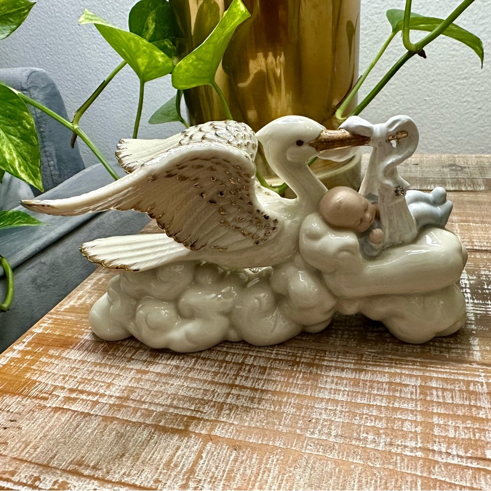 Lenox Our New Arrival Stork & Baby Boy Figurine Porcelain Whimsy Decor